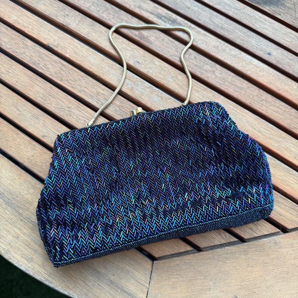 Vintage Handmade Hong Kong Evening Bag With Gold Chain Strap & Blue Lined Interi